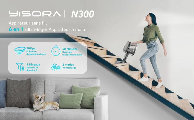 YISORA N300 Kabelloser 20KPa Stielsauger für Teppich & Hartboden
